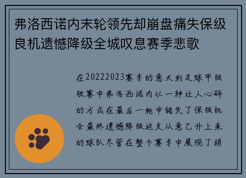 弗洛西诺内末轮领先却崩盘痛失保级良机遗憾降级全城叹息赛季悲歌 弗洛西诺内末轮领先却崩盘痛失保级良机遗憾降级全城叹息赛季悲歌